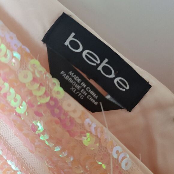 $198 NEW XL BEBE PEACH PINK TULLE SEQUIN SLEEVELESS FIT FLARE MINI DRESS NWT - Picture 6 of 11